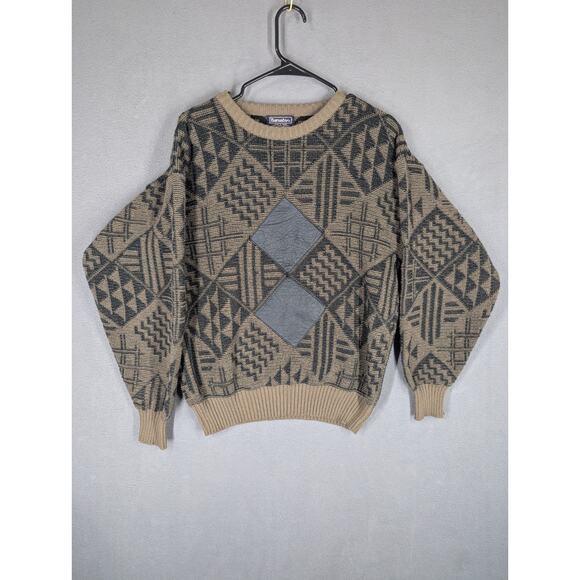 Barnaby Other - Vintage Barnaby Geometric Crewneck Sweater w/ Genuine Leather Diamonds 80s 90s